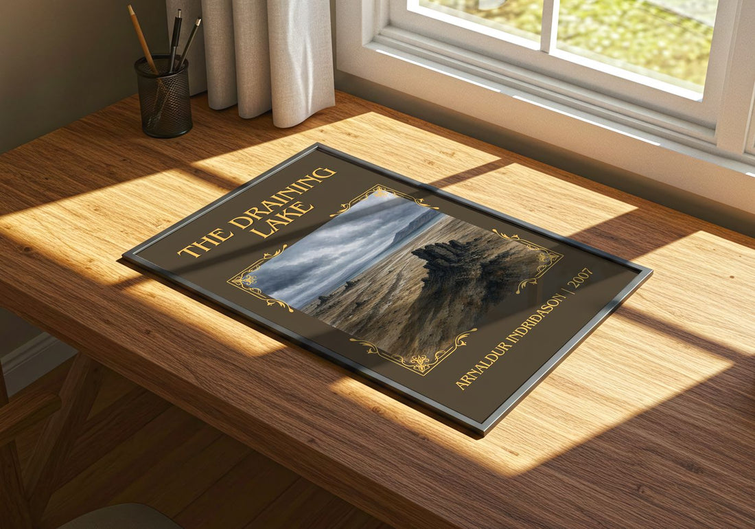 The Draining Lake Classic Book Art Print by Arnaldur Indriðason – print on a sunlit desk