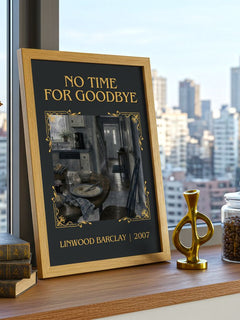 No Time for Goodbye Classic Book Art Print by Linwood Barclay – framed print on a city-view windowsill