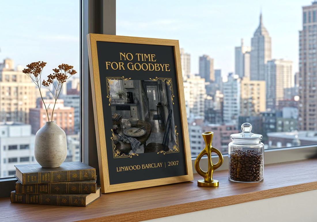 No Time for Goodbye Classic Book Art Print by Linwood Barclay – framed print on a city-view windowsill