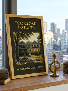 Too Close to Home Classic Book Art Print by Linwood Barclay – framed print on a city-view windowsill