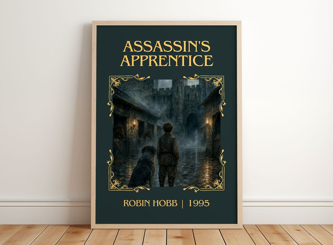 Assassin's Apprentice Classic Book Art Print by Robin Hobb – framed print leaning on a wooden floor