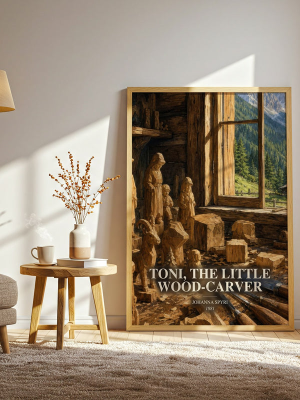 Toni, The Little Wood-Carver watercolour print in frame leaning in hallway – childrens wall art