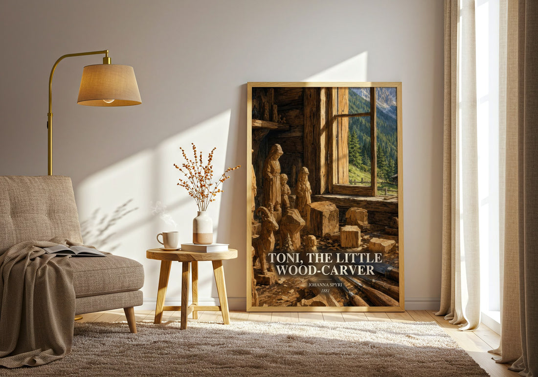 Toni, The Little Wood-Carver watercolour print in frame leaning in hallway – childrens wall art (mockup)