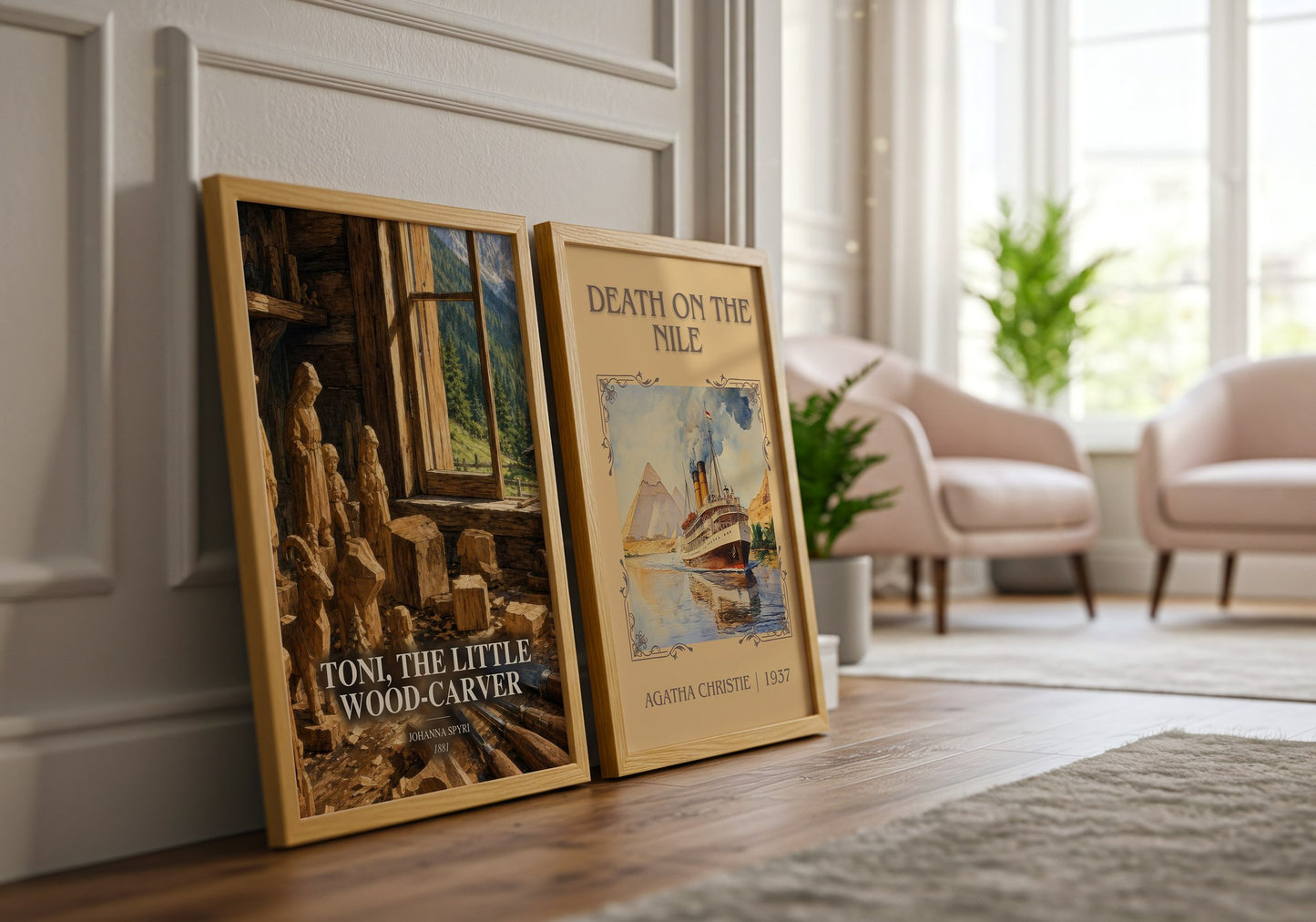 Toni, The Little Wood-Carver watercolour print framed by window – literary home decor
