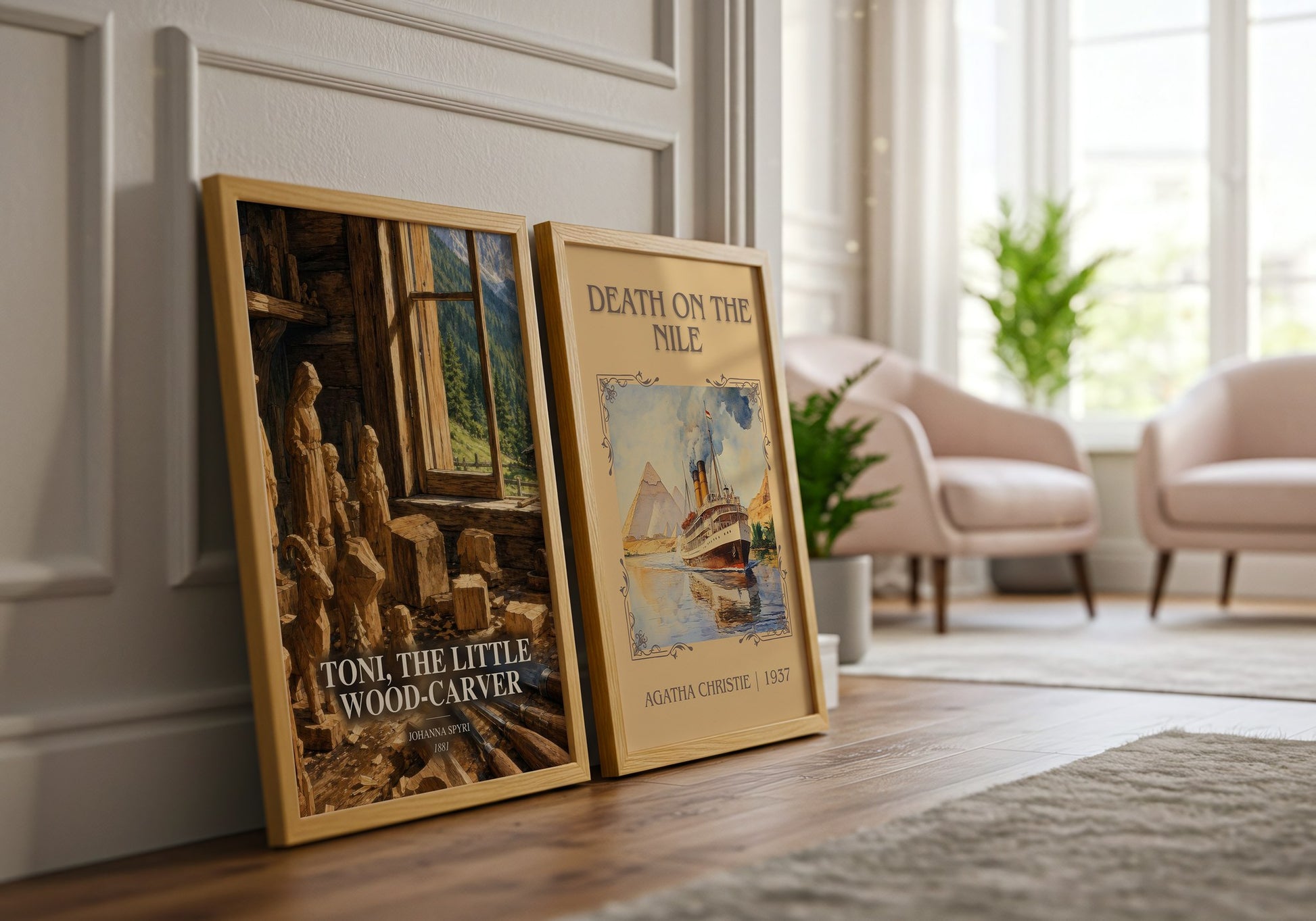 Toni, The Little Wood-Carver watercolour print framed by window – literary home decor