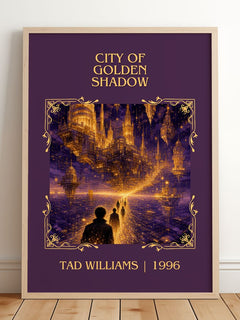 City of Golden Shadow Classic Book Art Print by Tad Williams – framed print leaning on a wooden floor