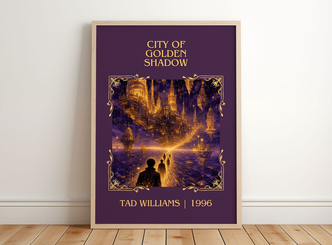 City of Golden Shadow Classic Book Art Print by Tad Williams – framed print leaning on a wooden floor