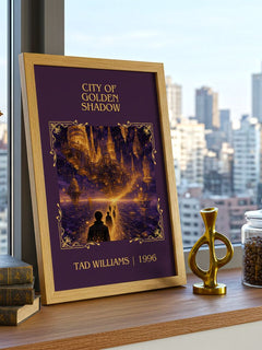 City of Golden Shadow Classic Book Art Print by Tad Williams – framed print on a city-view windowsill