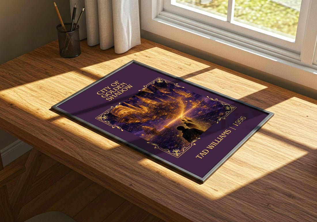 City of Golden Shadow Classic Book Art Print by Tad Williams – print on a sunlit desk