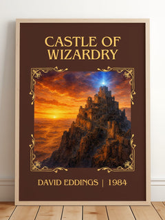 Castle of Wizardry Classic Book Art Print by David Eddings – framed print leaning on a wooden floor