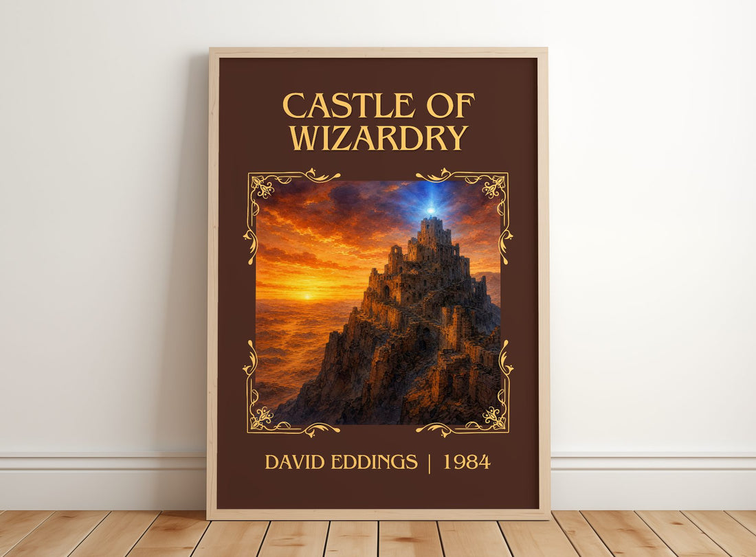 Castle of Wizardry Classic Book Art Print by David Eddings – framed print leaning on a wooden floor