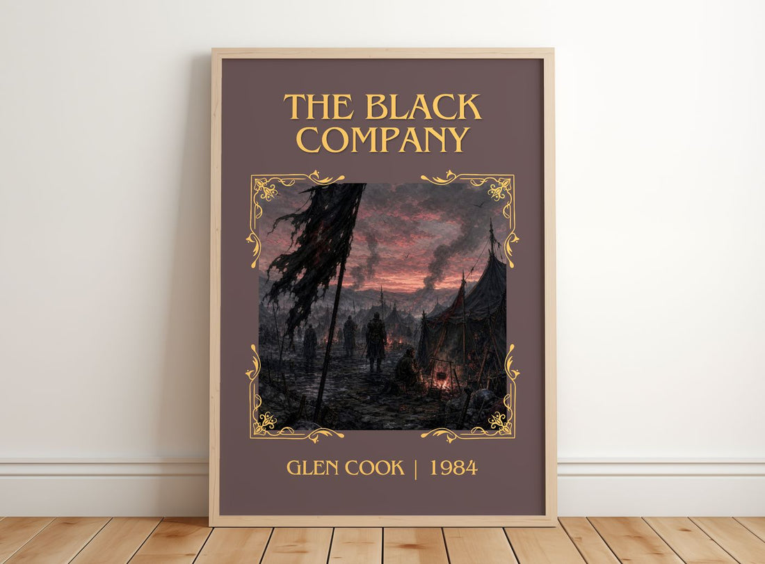 The Black Company Classic Book Art Print by Glen Cook – framed print leaning on a wooden floor