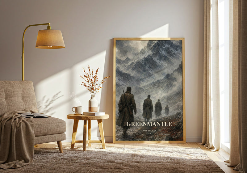 Greenmantle watercolour print in frame leaning in hallway – thriller wall art