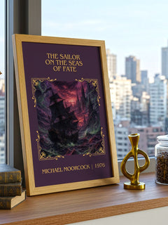 Sailor on the Seas of Fate Classic Book Art Print by Michael Moorcock – framed print on a city-view windowsill