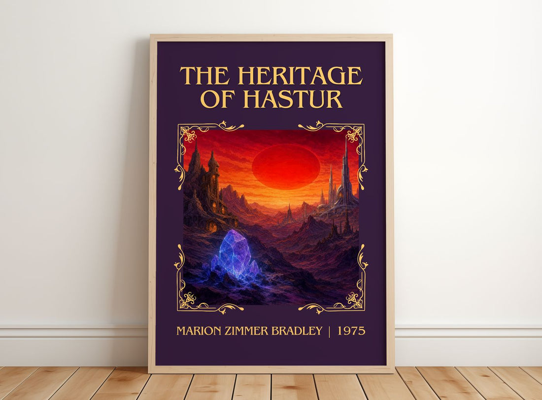 The Heritage of Hastur Classic Book Art Print by Marion Zimmer Bradley – framed print leaning on a wooden floor