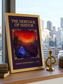 The Heritage of Hastur Classic Book Art Print by Marion Zimmer Bradley – framed print on a city-view windowsill