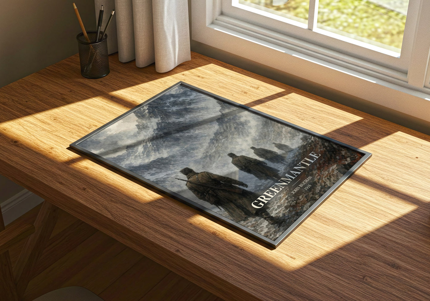 Greenmantle watercolour book poster framed on wall – thriller wall art