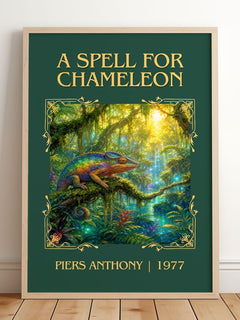 A Spell for Chameleon Classic Book Art Print by Piers Anthony – framed print leaning on a wooden floor