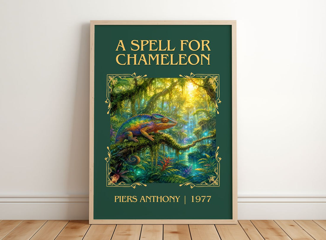 A Spell for Chameleon Classic Book Art Print by Piers Anthony – framed print leaning on a wooden floor