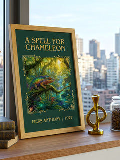 A Spell for Chameleon Classic Book Art Print by Piers Anthony – framed print on a city-view windowsill
