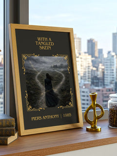 With a Tangled Skein Classic Book Art Print by Piers Anthony – framed print on a city-view windowsill