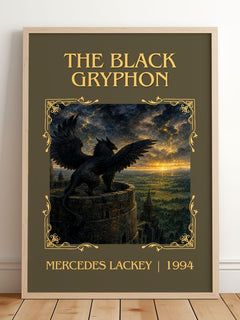 The Black Gryphon Classic Book Art Print by Mercedes Lackey – framed print leaning on a wooden floor