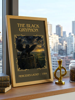 The Black Gryphon Classic Book Art Print by Mercedes Lackey – framed print on a city-view windowsill