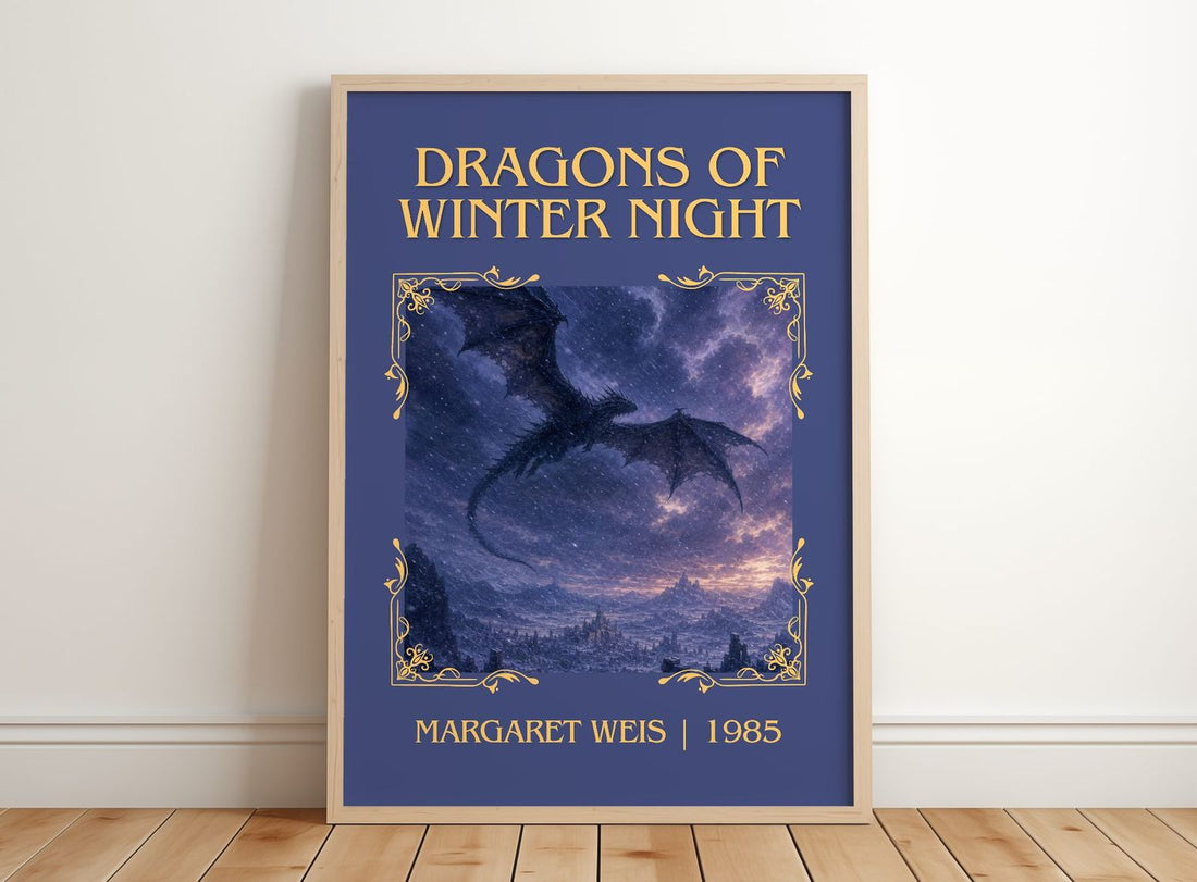 Dragons of Winter Night Classic Book Art Print by Margaret Weis – framed print leaning on a wooden floor