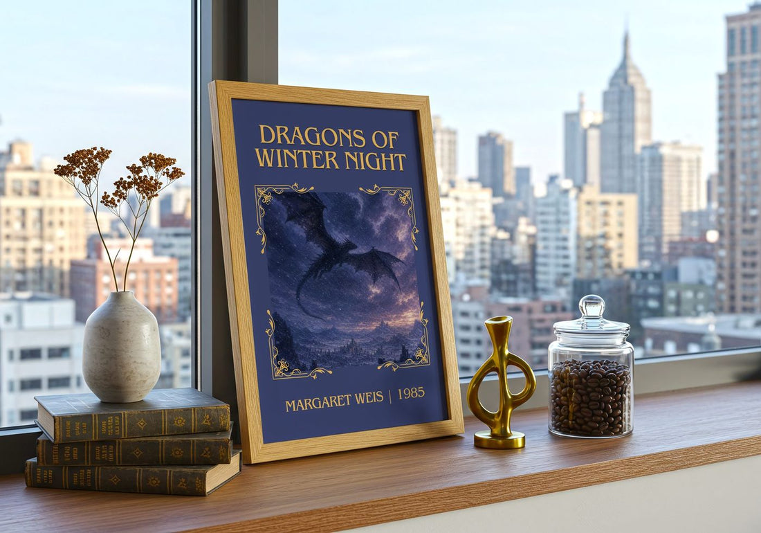 Dragons of Winter Night Classic Book Art Print by Margaret Weis – framed print on a city-view windowsill