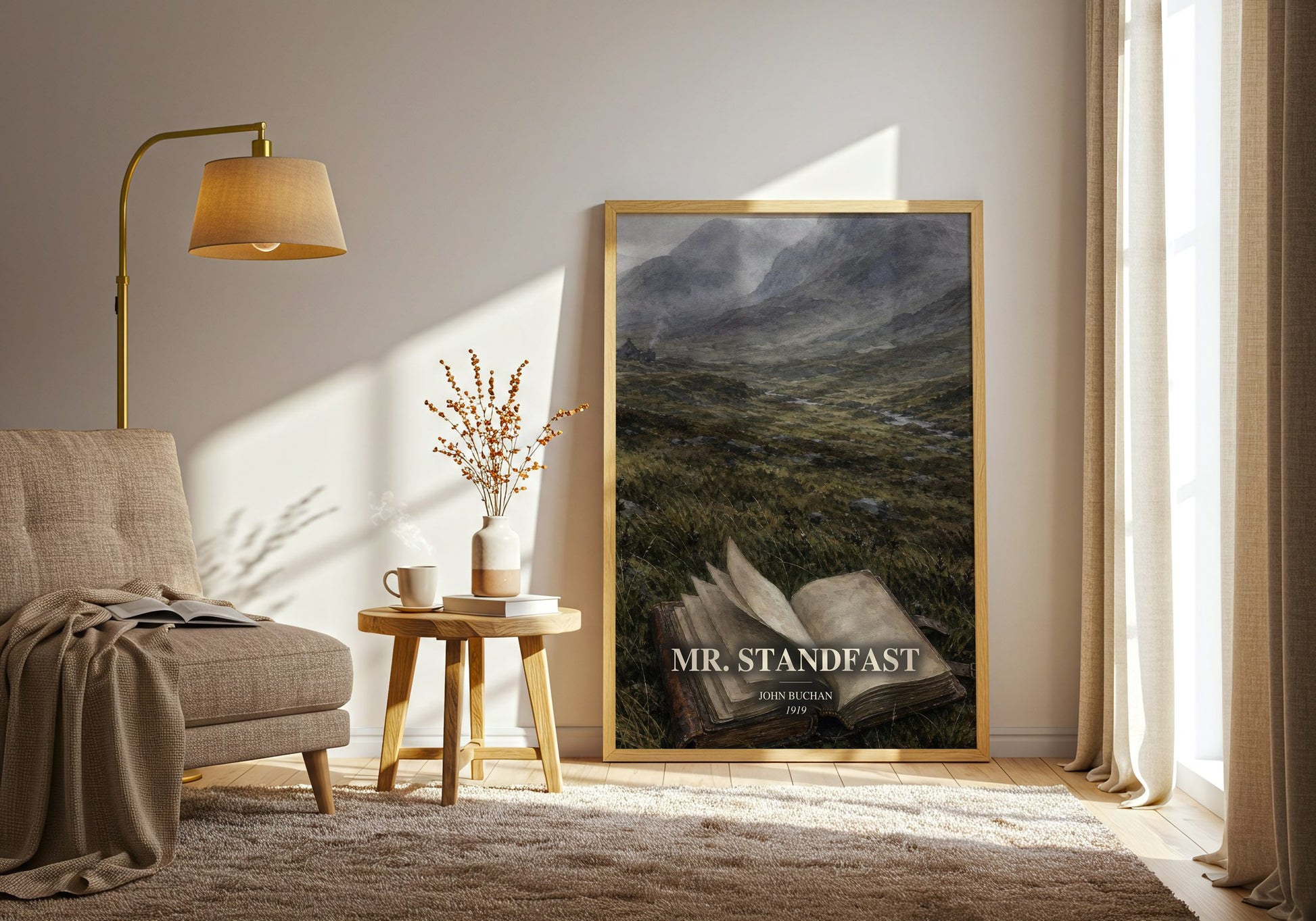 Mr. Standfast watercolour print in frame leaning in hallway – thriller wall art