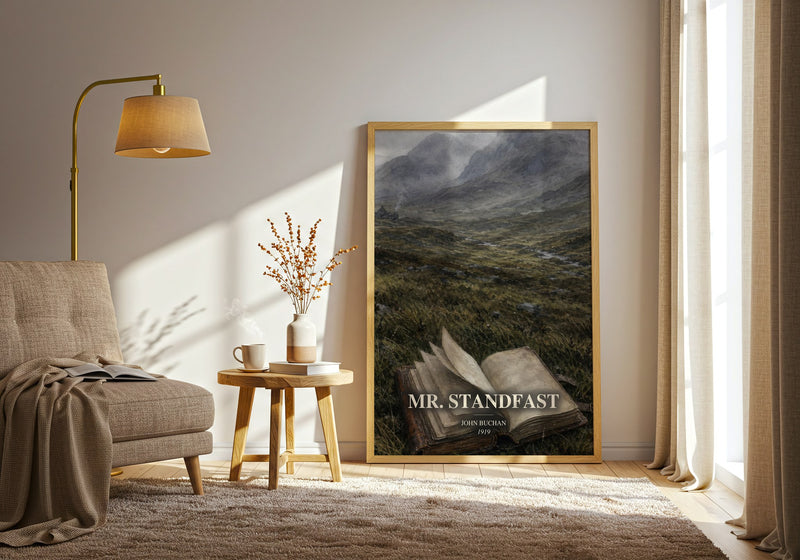 Mr. Standfast watercolour print in frame leaning in hallway – thriller wall art
