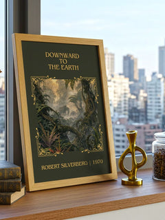 Downward to the Earth Classic Book Art Print by Robert Silverberg – framed print on a city-view windowsill
