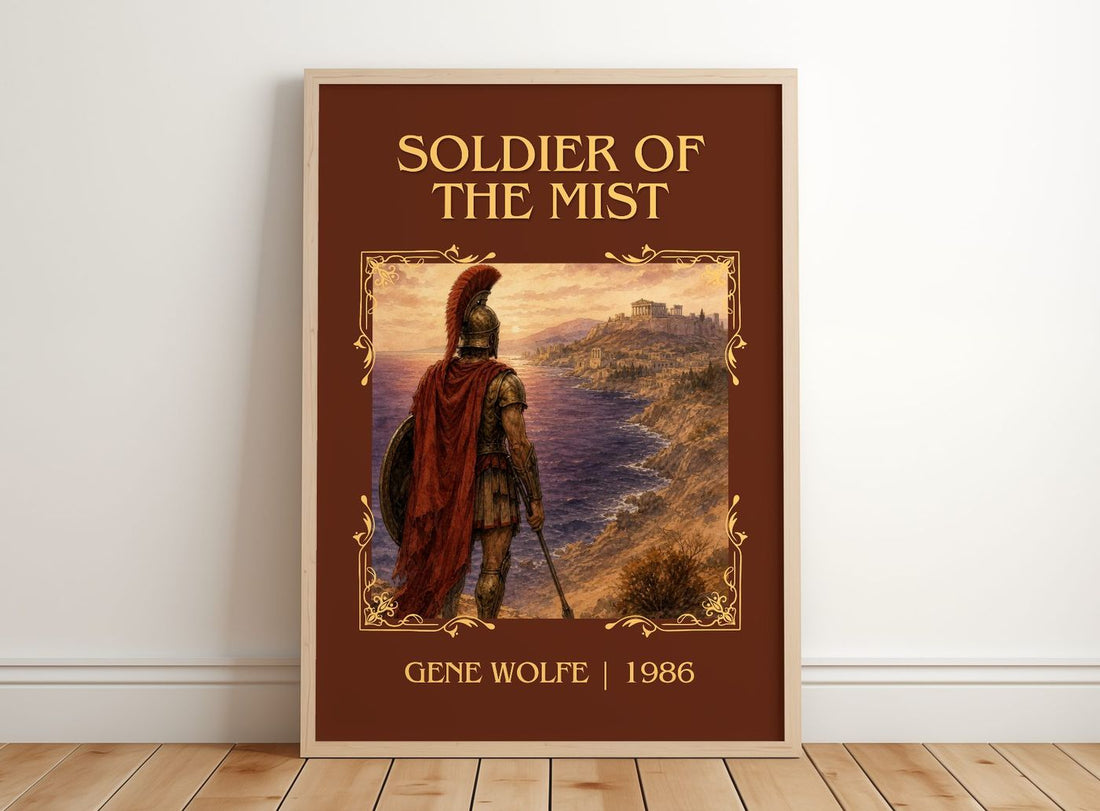 Soldier of the Mist Classic Book Art Print by Gene Wolfe – framed print leaning on a wooden floor