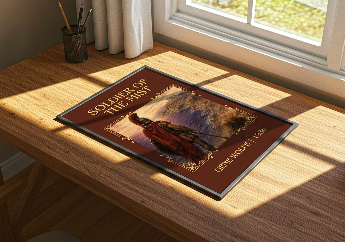 Soldier of the Mist Classic Book Art Print by Gene Wolfe – print on a sunlit desk