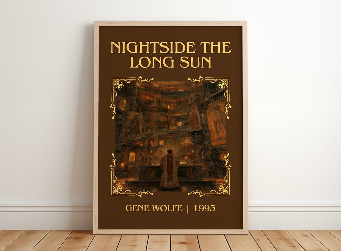 Nightside the Long Sun Classic Book Art Print by Gene Wolfe – framed print leaning on a wooden floor