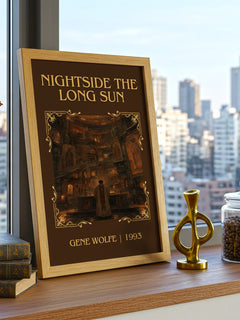 Nightside the Long Sun Classic Book Art Print by Gene Wolfe – framed print on a city-view windowsill