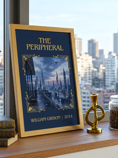 The Peripheral Classic Book Art Print by William Gibson – framed print on a city-view windowsill