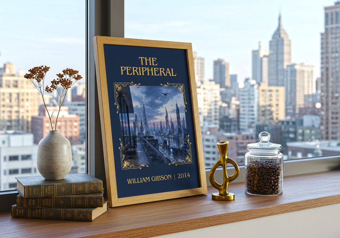 The Peripheral Classic Book Art Print by William Gibson – framed print on a city-view windowsill