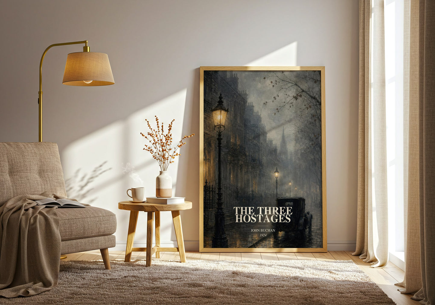 The Three Hostages watercolour print in frame leaning in hallway – thriller wall art