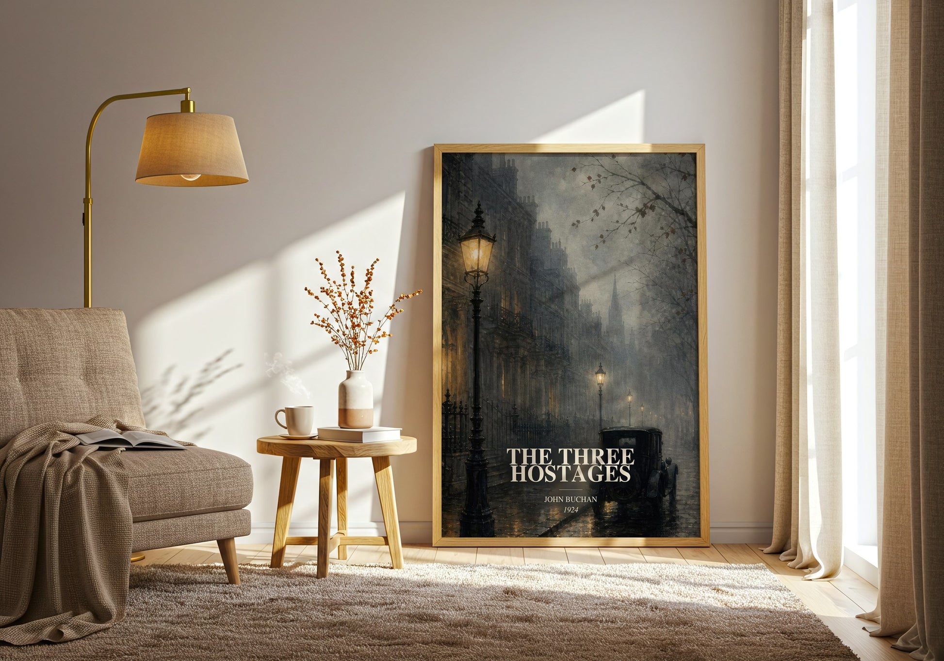 The Three Hostages watercolour print in frame leaning in hallway – thriller wall art