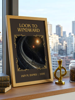Look to Windward Classic Book Art Print by Iain M. Banks – framed print on a city-view windowsill