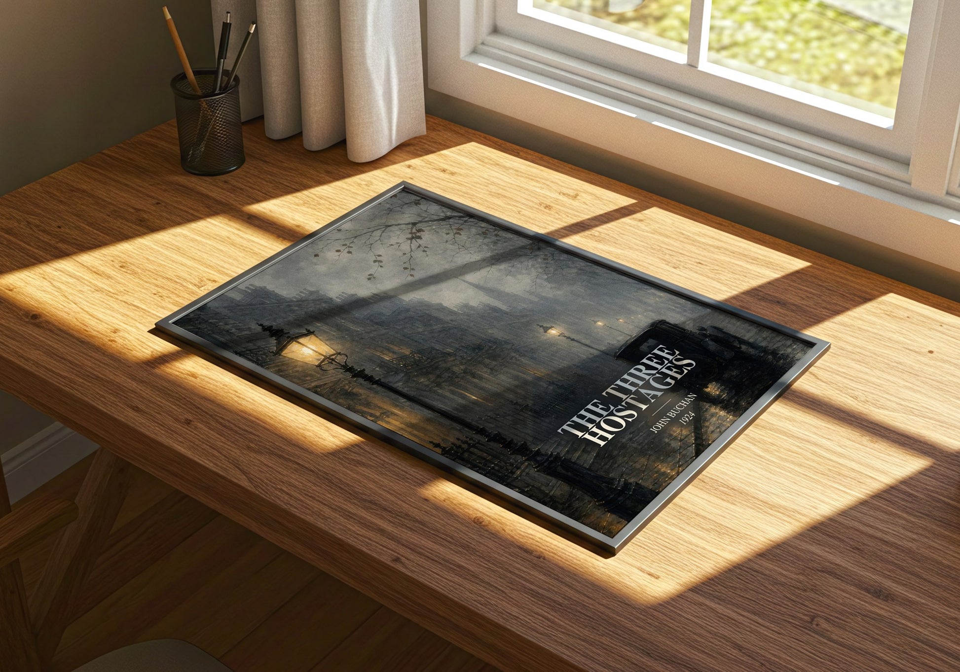 The Three Hostages watercolour book poster framed on wall – thriller wall art