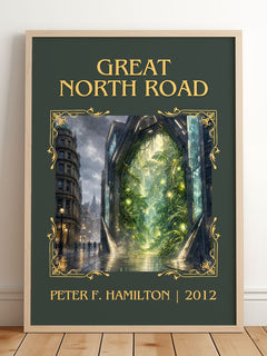 Great North Road Classic Book Art Print by Peter F. Hamilton – framed print leaning on a wooden floor