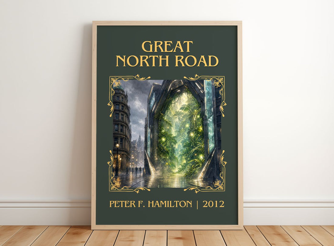 Great North Road Classic Book Art Print by Peter F. Hamilton – framed print leaning on a wooden floor