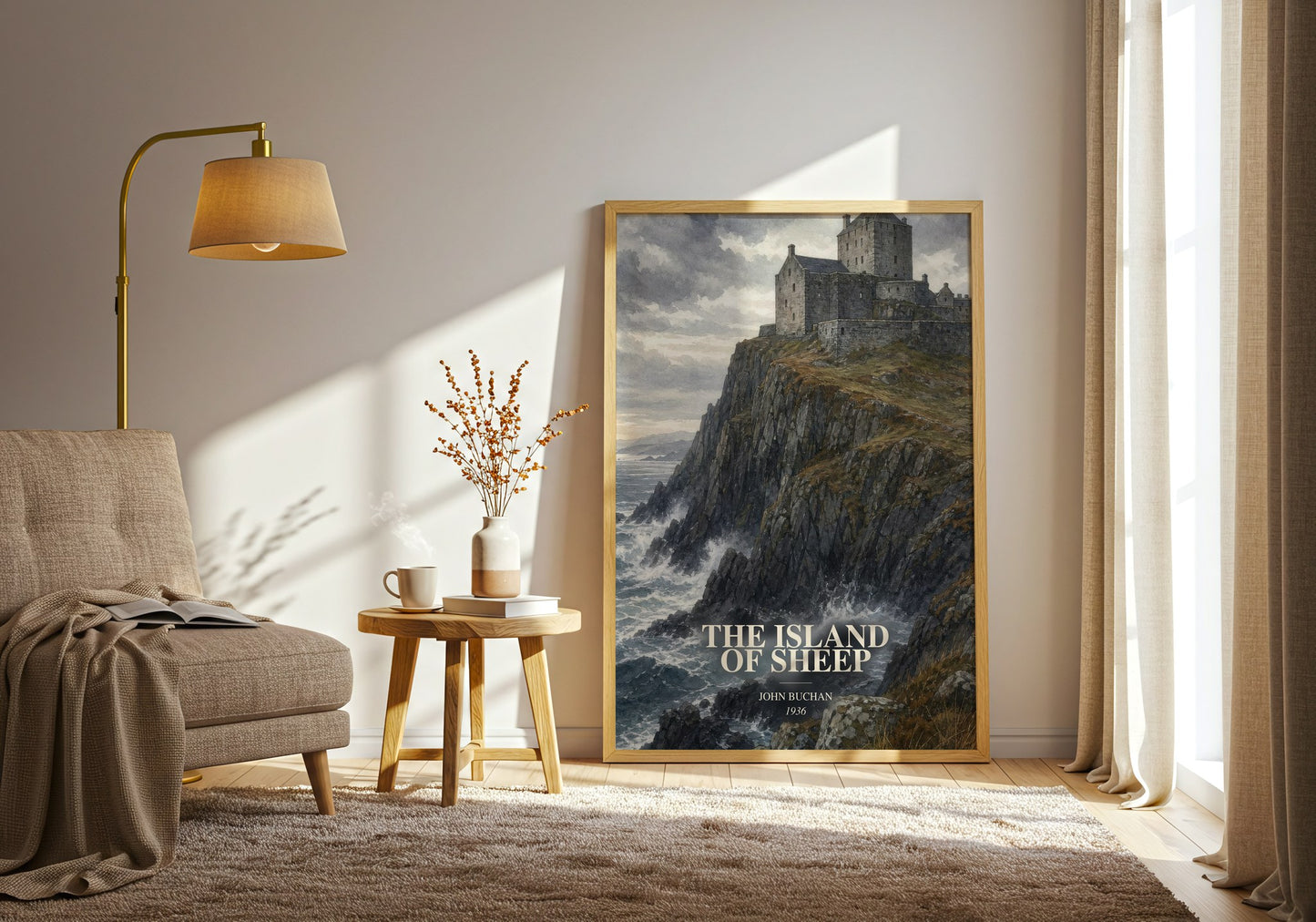 The Island Of Sheep watercolour print in frame leaning in hallway – adventure wall art