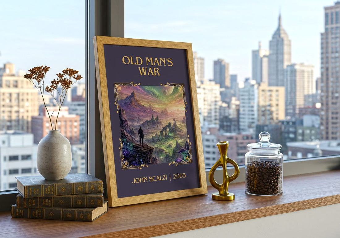 Old Man's War Classic Book Art Print by John Scalzi – framed print on a city-view windowsill