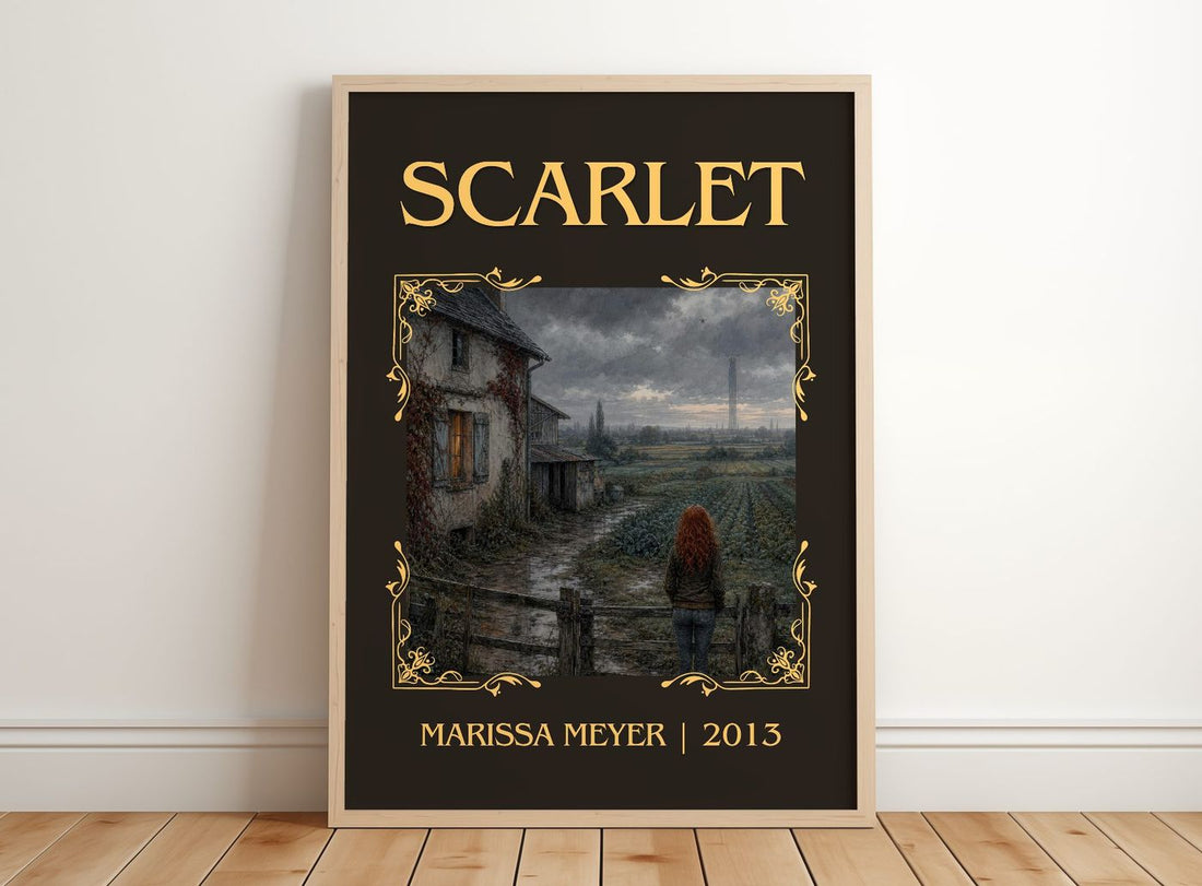 Scarlet Classic Book Art Print by Marissa Meyer – framed print leaning on a wooden floor