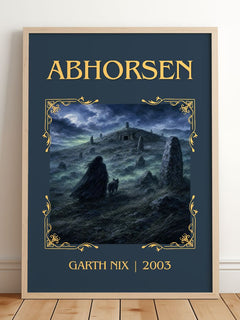 Abhorsen Classic Book Art Print by Garth Nix – framed print leaning on a wooden floor