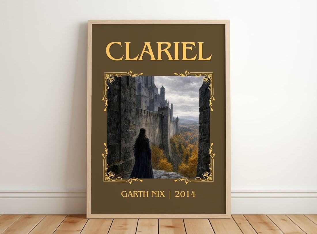 Clariel Classic Book Art Print by Garth Nix – framed print leaning on a wooden floor