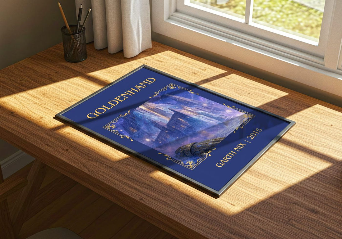 Goldenhand Classic Book Art Print by Garth Nix – print on a sunlit desk